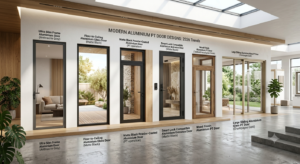 A breakdown comparison chart highlighting structural differences between an aluminum PT door, uPVC frame, and traditional wooden entrance door.