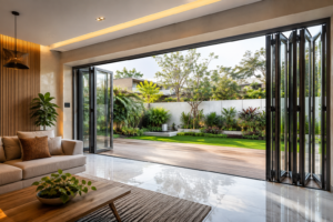 Modern aluminium folding door design for living room with slim black frames and large glass panels opening to a garden